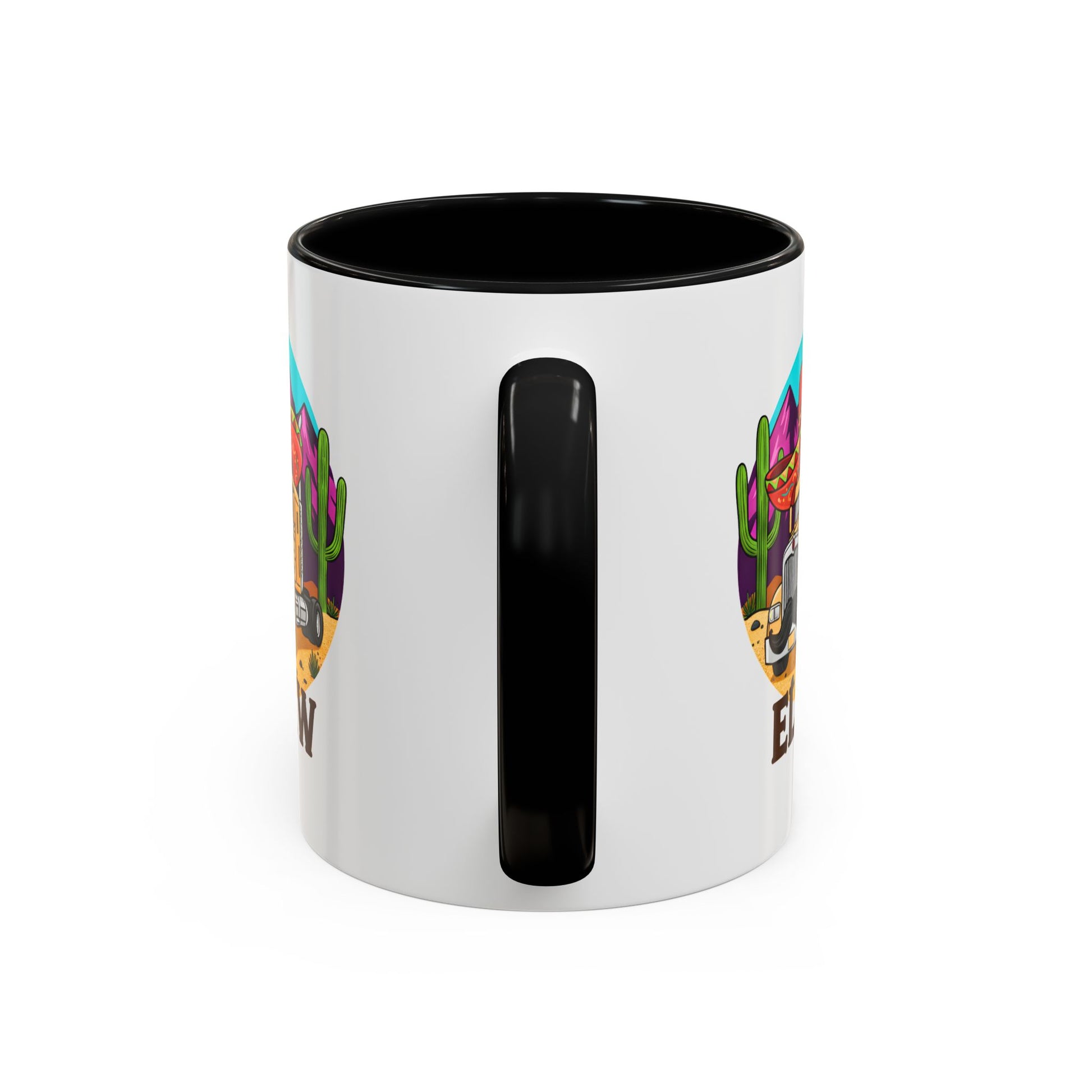 El KW Tasse in Schwarz – deutsch-spanischer Wortwitz, Keramik 11oz, Rückansicht
