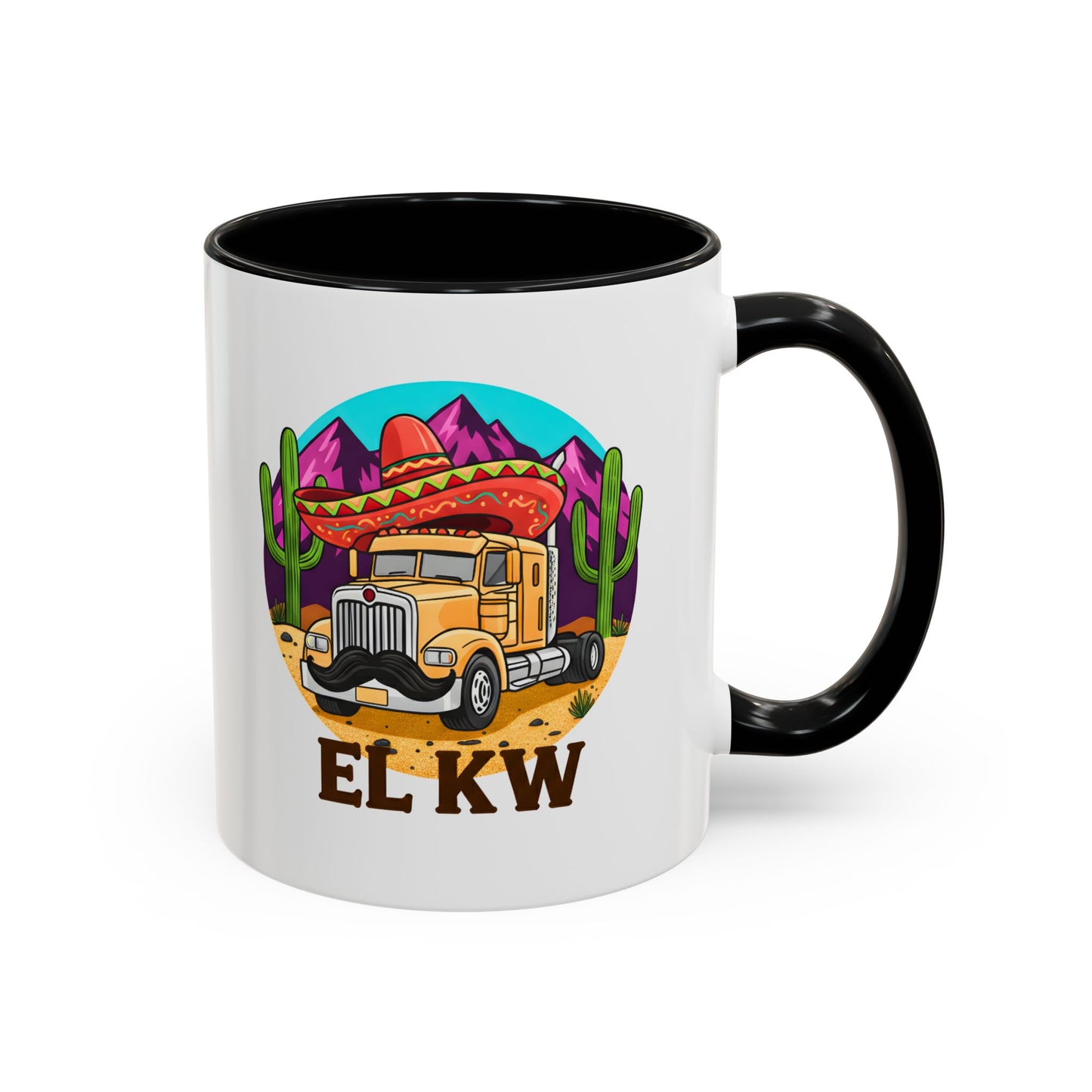 Alt-Text: El KW Tasse in schwarz – Wortwitz „El KW“, Keramik 11oz, Frontansicht, griff links