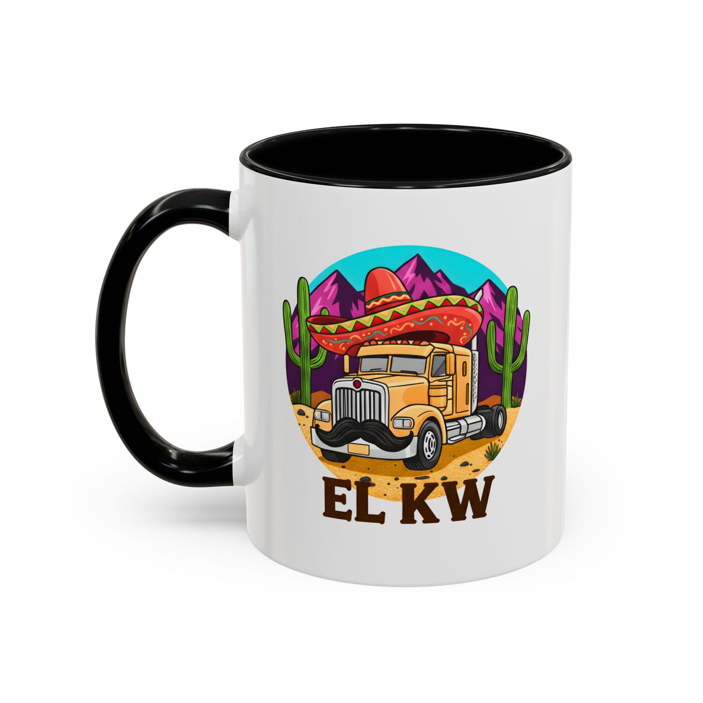 l KW Tasse in schwarz – Wortwitz „El KW“, Keramik 11oz, Frontansicht, Griff links