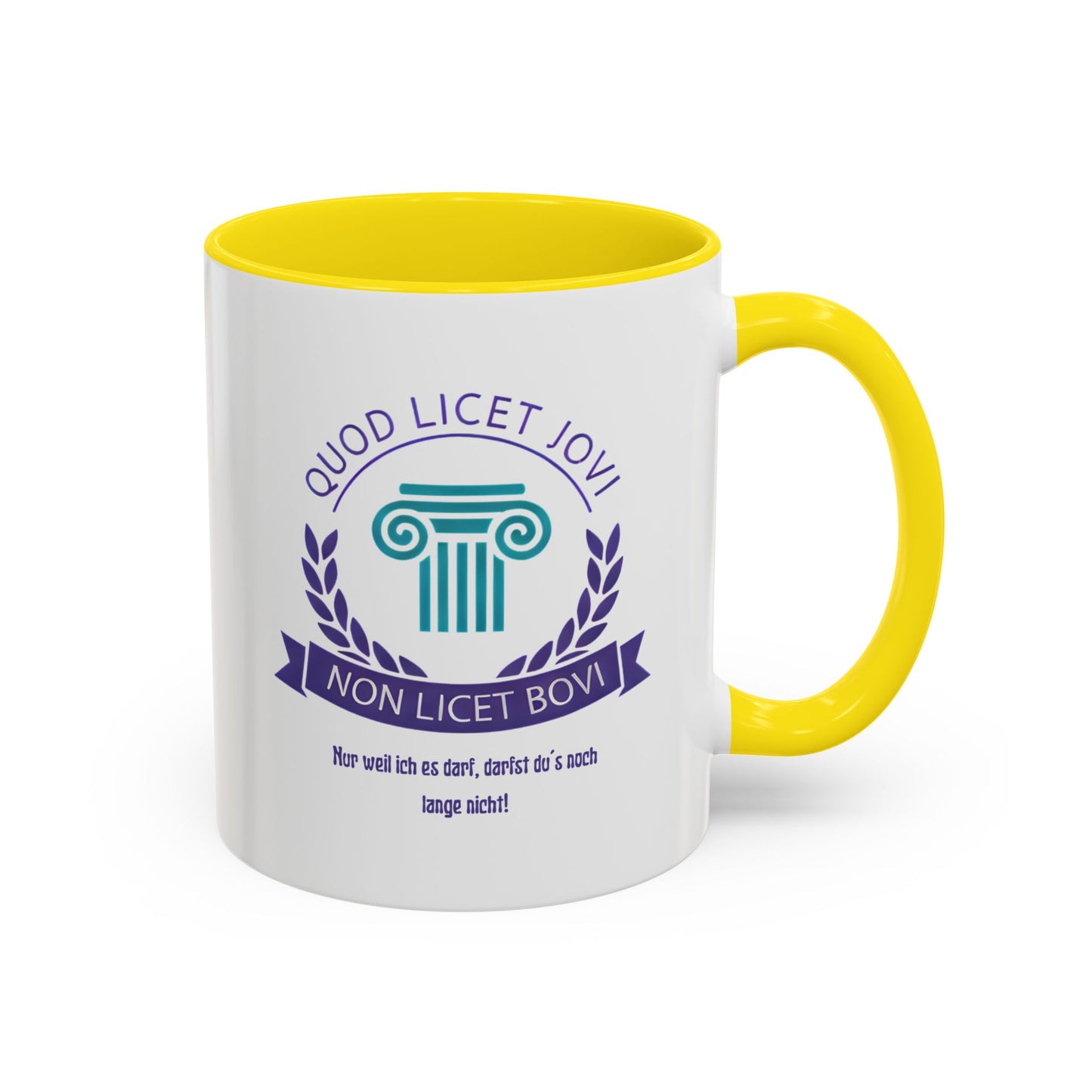 Gelbe Premium Keramik Tasse mit lateinischem Spruch „Quod licet Iovi, non licet bovi“, Säulenmotiv und Lorbeerkranz – intelligenter Humor für Alltag und Büro.
