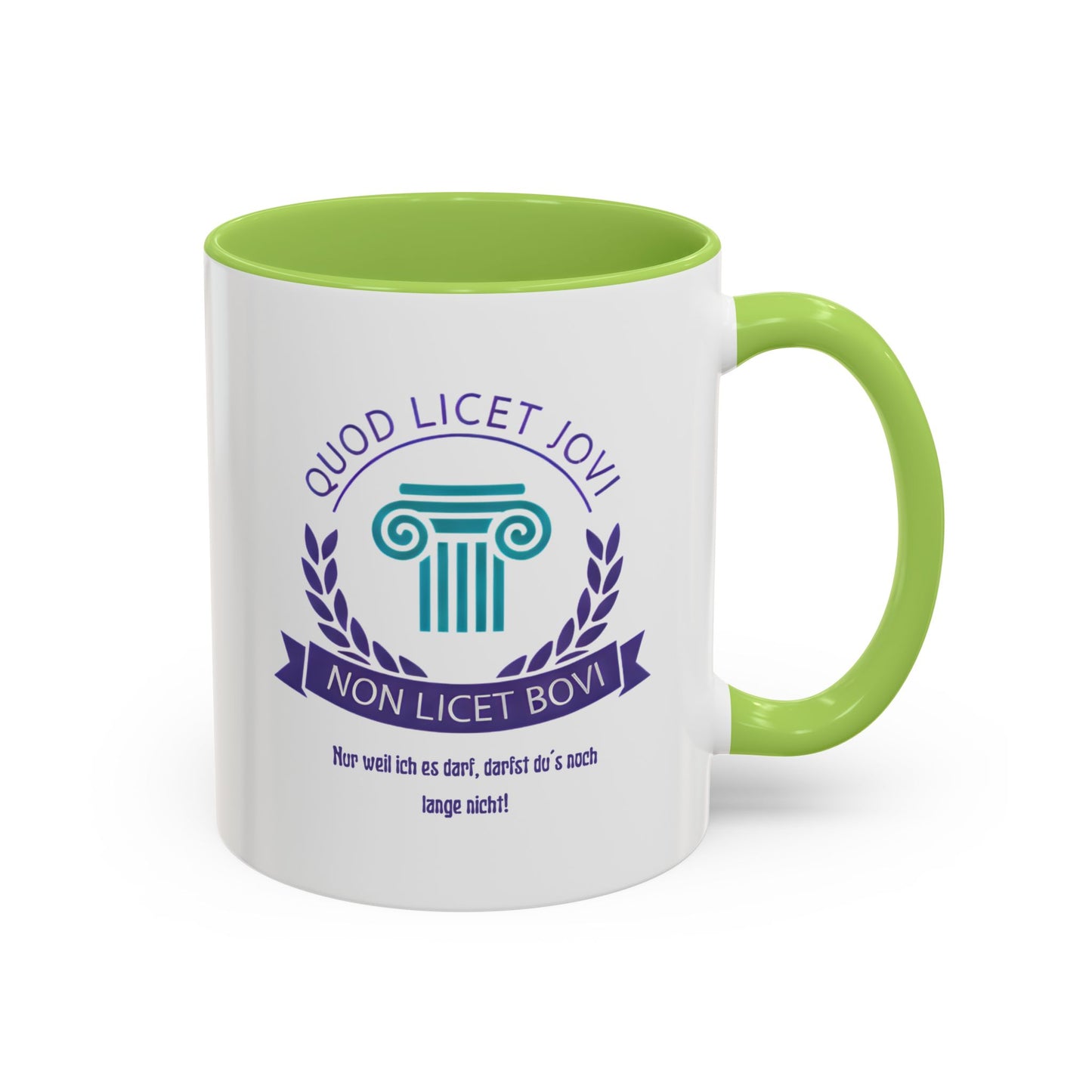 Grüne Premium Keramik Tasse mit lateinischem Spruch „Quod licet Iovi, non licet bovi“, Säulenmotiv und Lorbeerkranz – intelligenter Humor für Alltag und Büro.