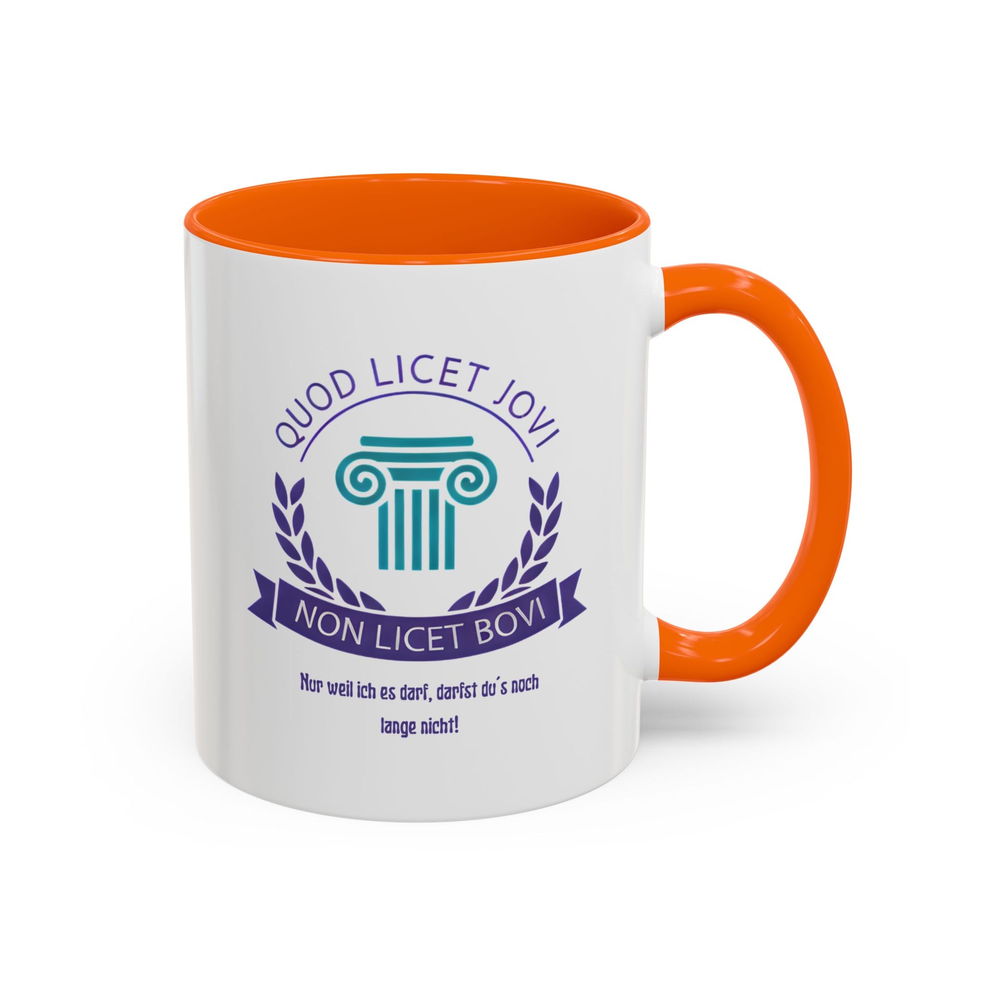 Orangene Premium Keramik Tasse mit lateinischem Spruch „Quod licet Iovi, non licet bovi“, Säulenmotiv und Lorbeerkranz – intelligenter Humor für Alltag und Büro.
