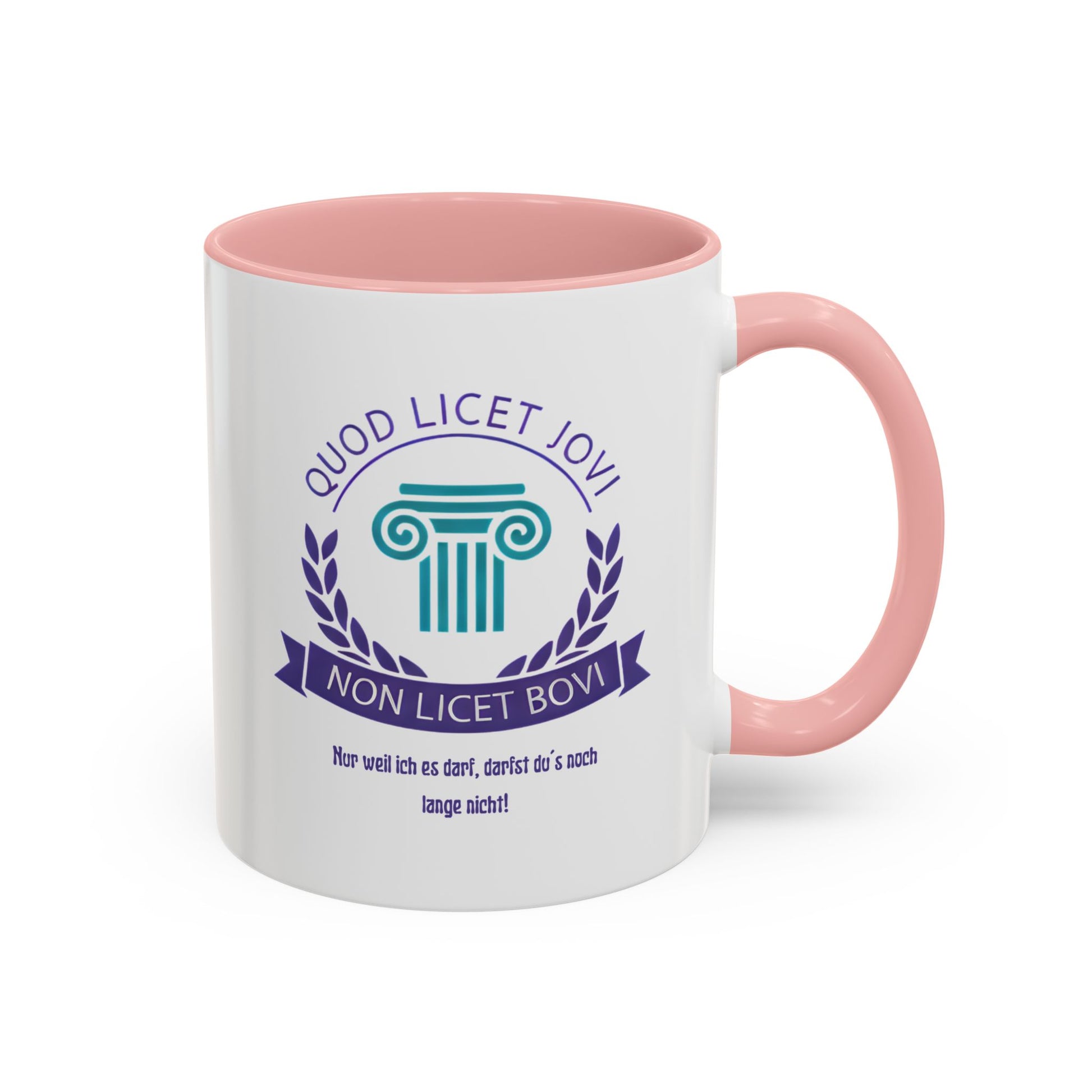 Pinke Premium Keramik Tasse mit lateinischem Spruch „Quod licet Iovi, non licet bovi“, Säulenmotiv und Lorbeerkranz – intelligenter Humor für Alltag und Büro.
