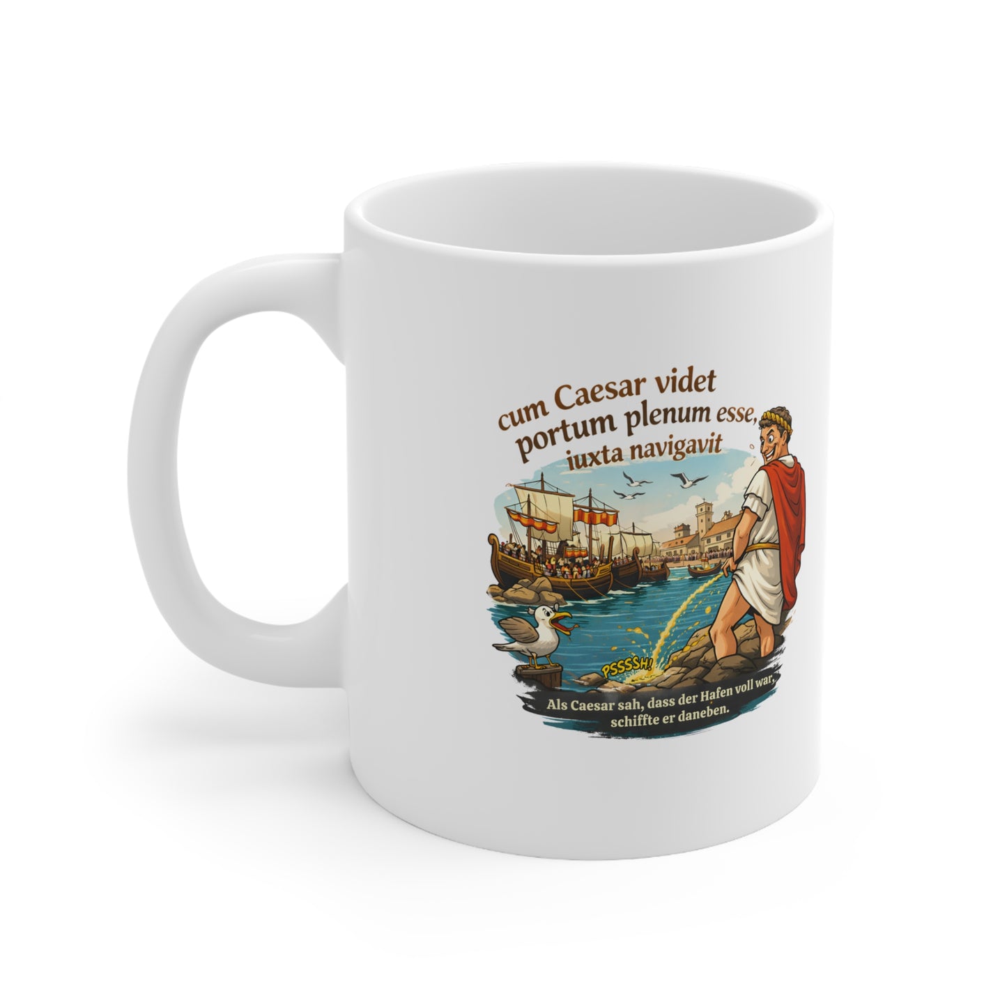 Lustige Caesar Tasse mit lateinischem Spruch „cum Caesar videt…“ – minimalistisch, humorvoll, für Intellektuelle