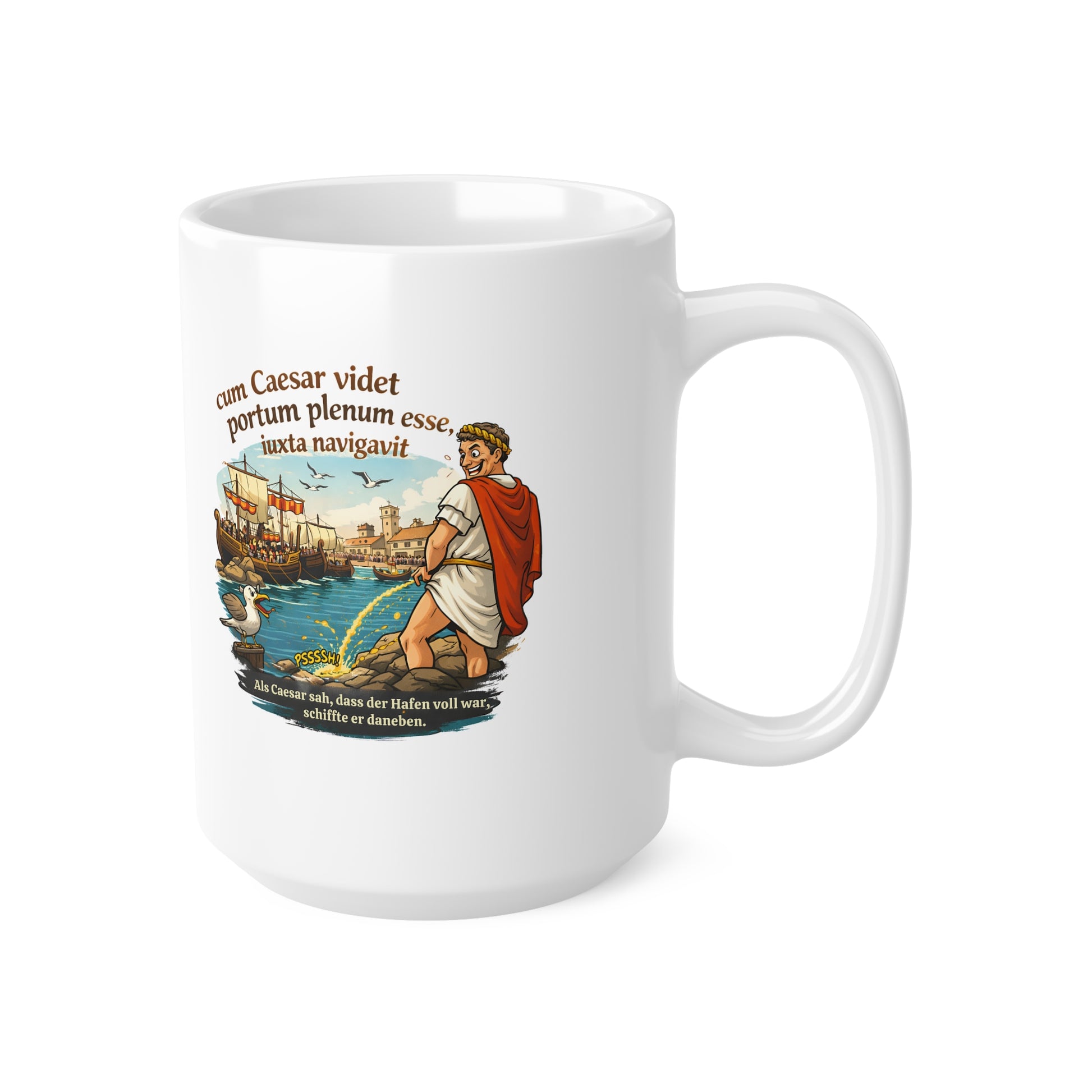 Lustige Caesar Tasse mit lateinischem Spruch „cum Caesar videt…“ – minimalistisch, humorvoll, für Intellektuelle