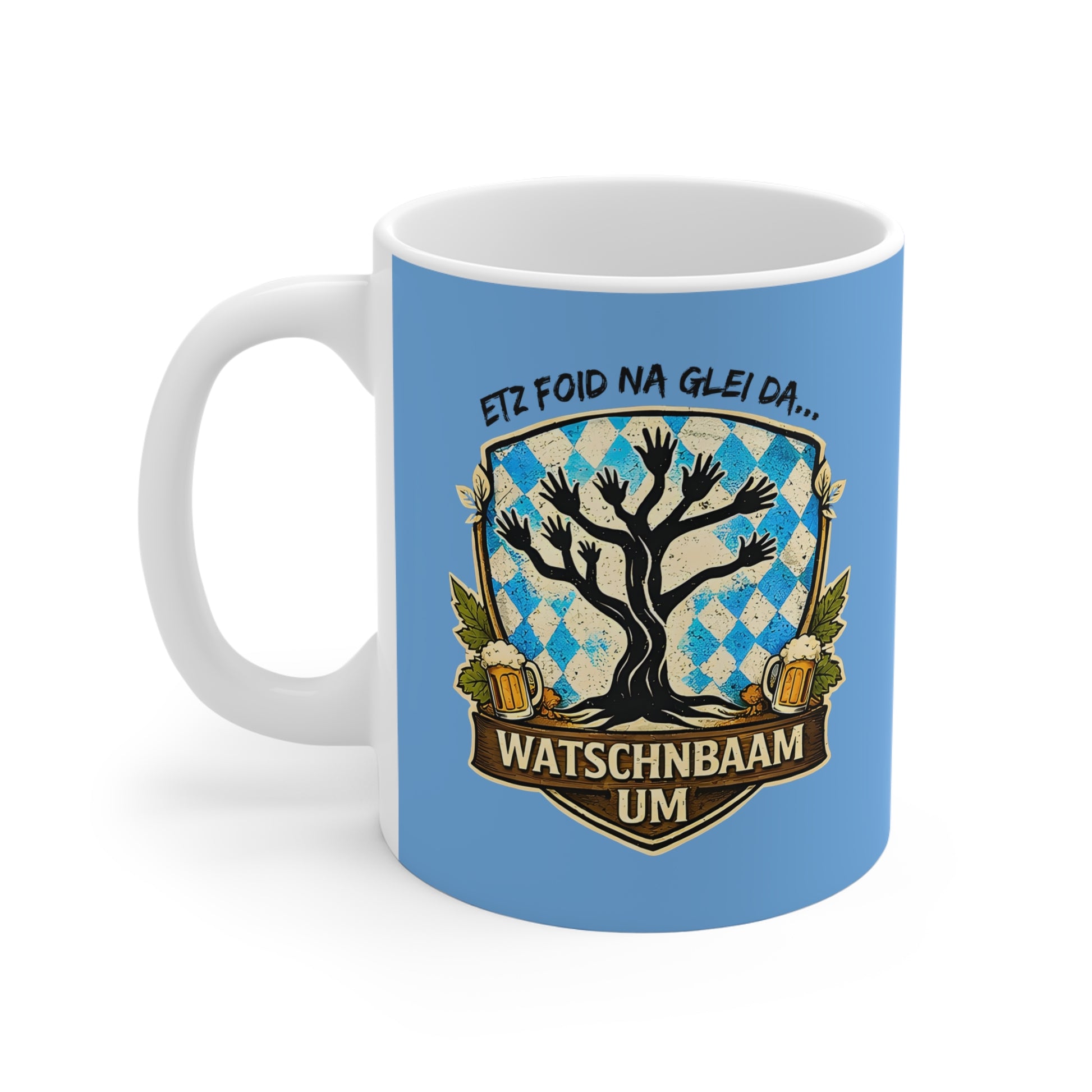 Watschnbaam Keramik Tasse hellblau 11 oz mit bairischem Spruch „Etz foid na glei da... Watschnbaam um“ und retro Baum-Handgrafik