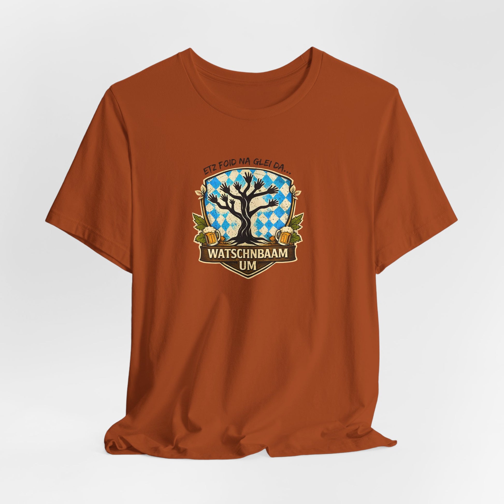 Watschnbaam T-Shirt autum farben mit retro Baum-/Handgrafik und bayrischem Spruch „Etz foid na glei da… Watschnbaam um“, Bella Canvas 3001