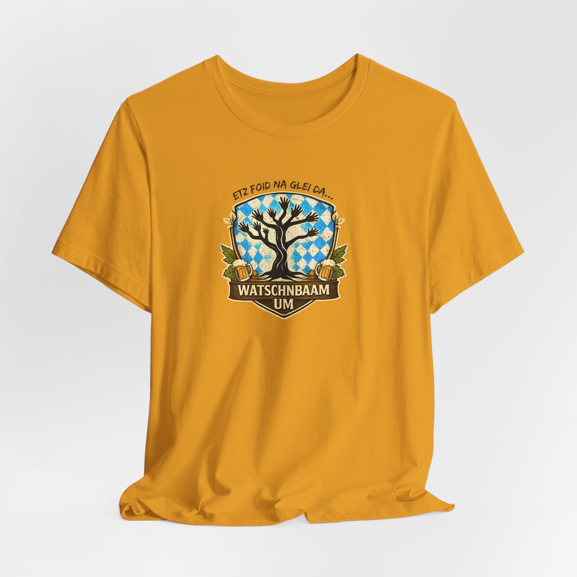 Watschnbaam T-Shirt in gelb mit retro Baum-/Handgrafik und bayrischem Spruch „Etz foid na glei da… Watschnbaam um“, Bella Canvas 3001