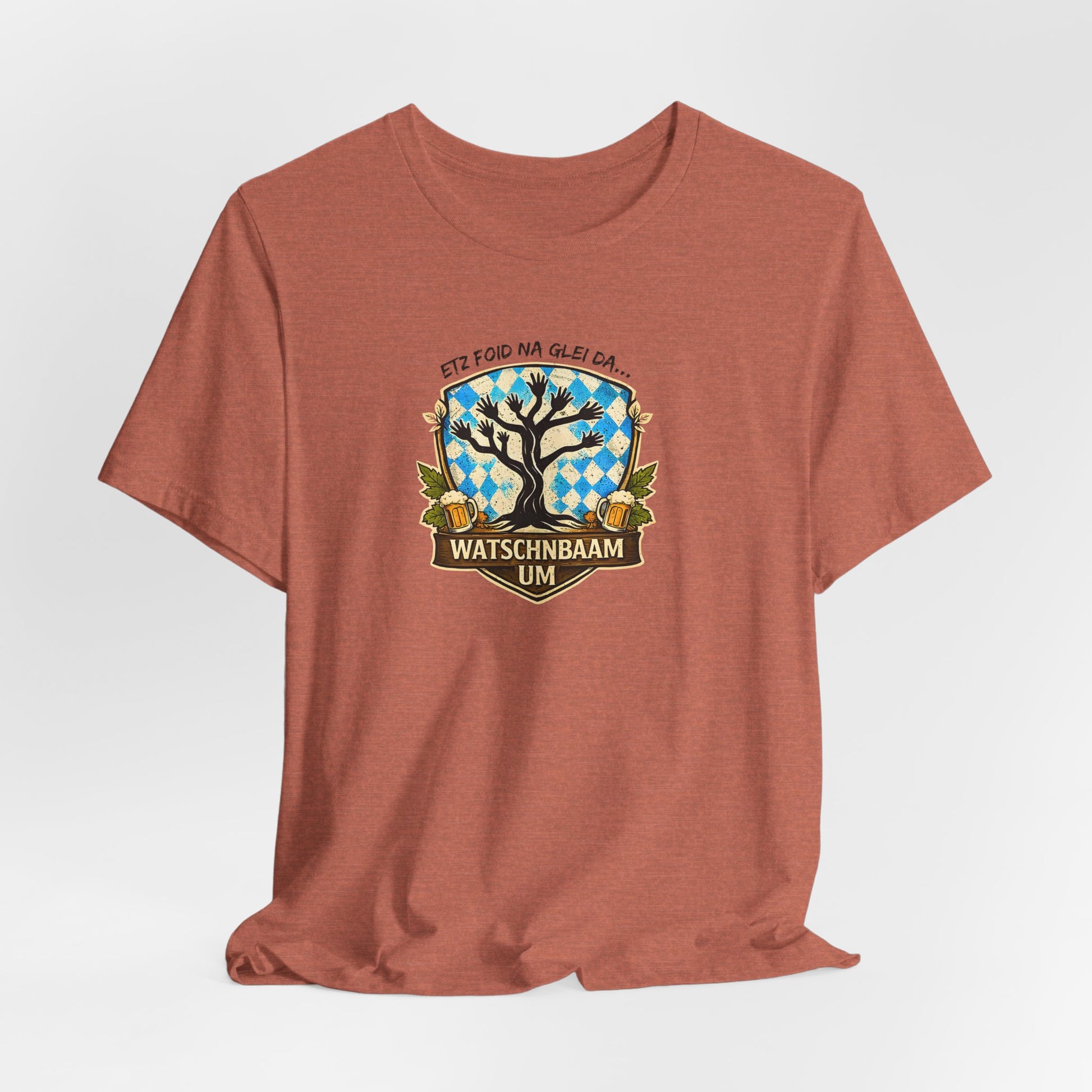 Watschnbaam T-Shirt mit retro Baum-/Handgrafik und bayrischem Spruch „Etz foid na glei da… Watschnbaam um“, Bella Canvas 3001 in heather clay