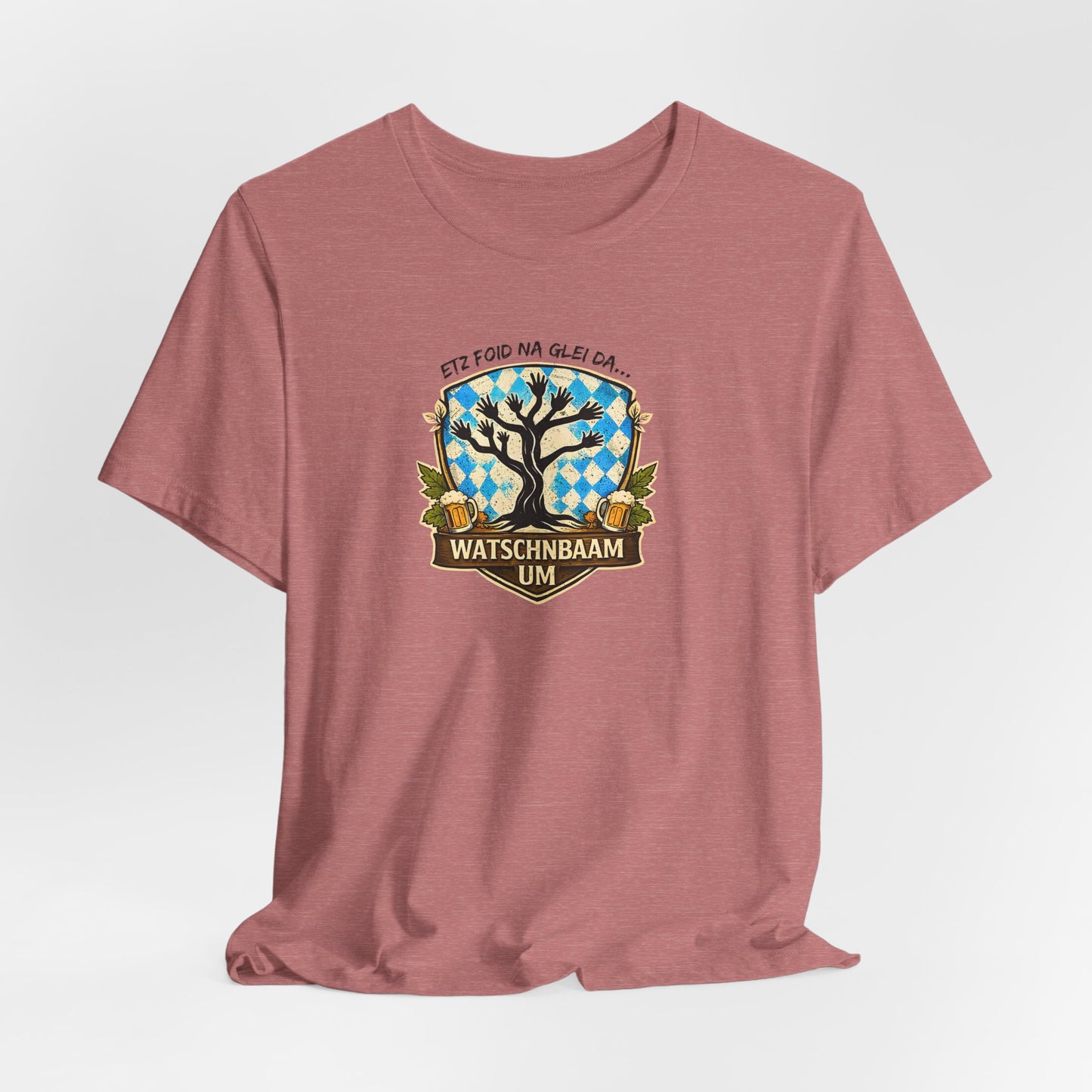 Watschnbaam T-Shirt mit retro Baum-/Handgrafik und bayrischem Spruch „Etz foid na glei da… Watschnbaam um“, Bella Canvas 3001 in heather mauve