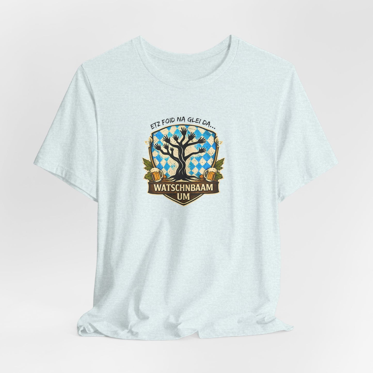 Watschnbaam T-Shirt in iceblue mit retro Baum-/Handgrafik und bayrischem Spruch „Etz foid na glei da… Watschnbaam um“, Bella Canvas 3001