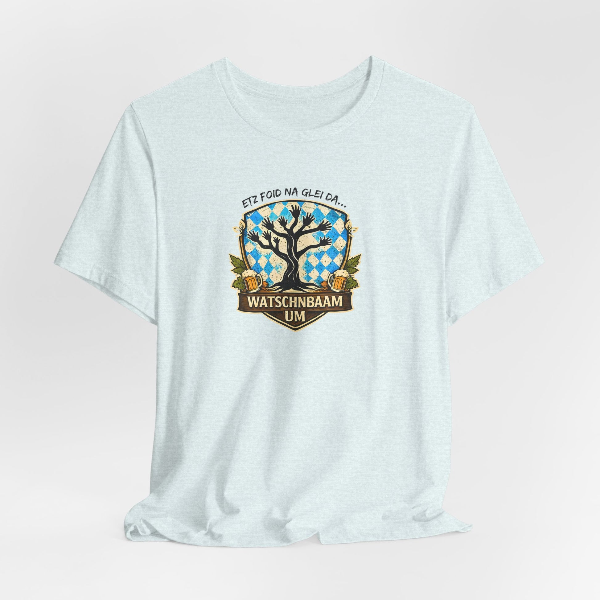 Watschnbaam T-Shirt in iceblue mit retro Baum-/Handgrafik und bayrischem Spruch „Etz foid na glei da… Watschnbaam um“, Bella Canvas 3001
