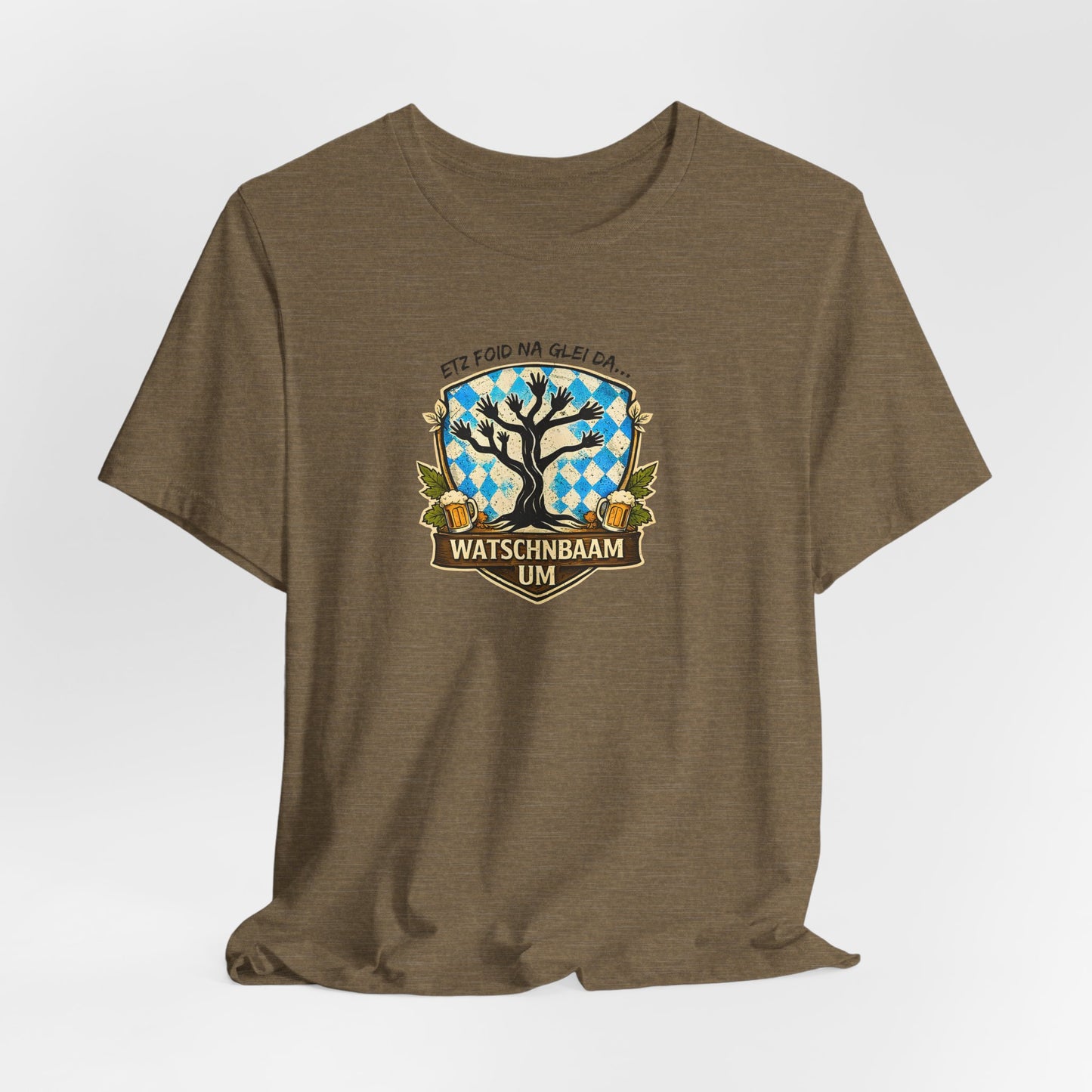 Watschnbaam T-Shirt olive farben mit retro Baum-/Handgrafik und bayrischem Spruch „Etz foid na glei da… Watschnbaam um“, Bella Canvas 3001