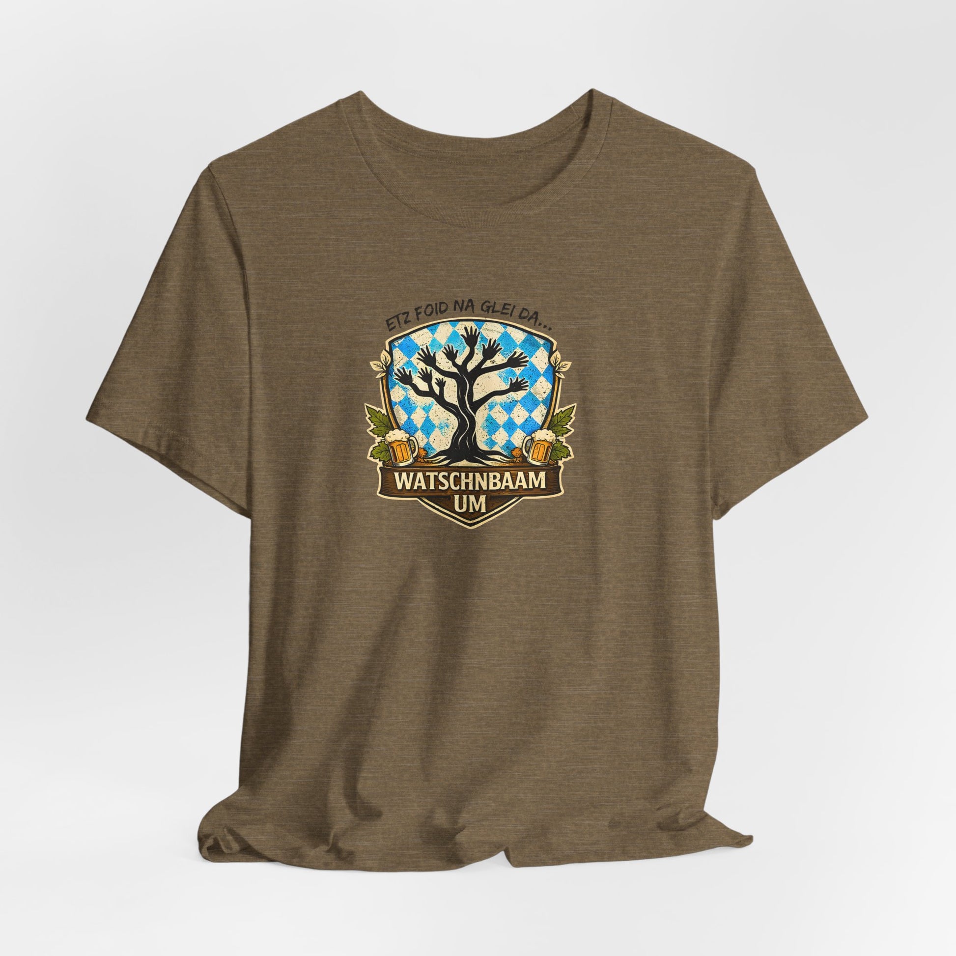 Watschnbaam T-Shirt olive farben mit retro Baum-/Handgrafik und bayrischem Spruch „Etz foid na glei da… Watschnbaam um“, Bella Canvas 3001