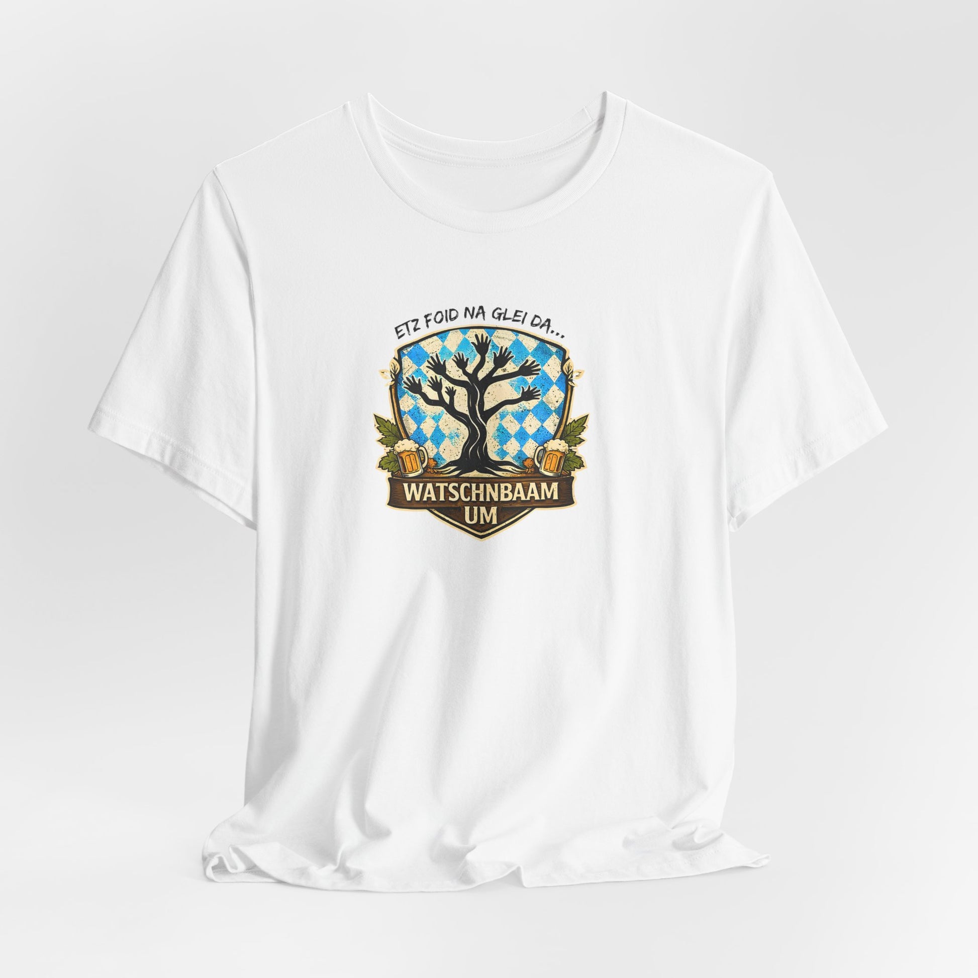 Watschnbaam T-Shirt mit retro Baum-/Handgrafik und bayrischem Spruch „Etz foid na glei da… Watschnbaam um“, Bella Canvas 3001 in weiß